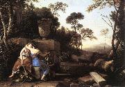 LA HIRE, Laurent de Landscape with Peace and Justice Embracing st oil on canvas